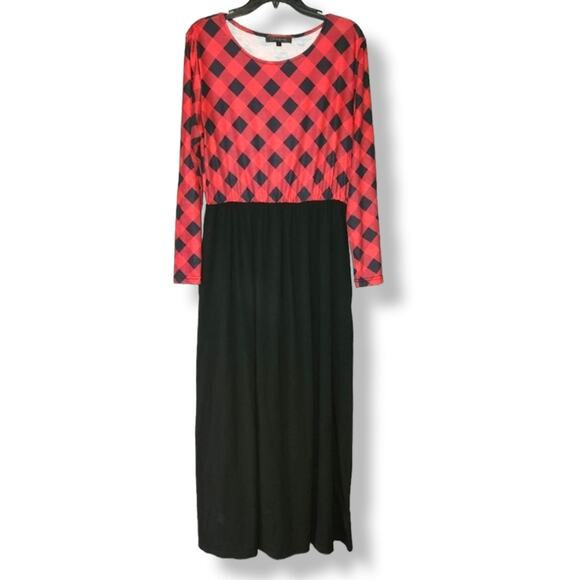 Red & Black Plaid Long Sleeve Maxi Dress with Pockets | Size Large - Picture 2 of 6